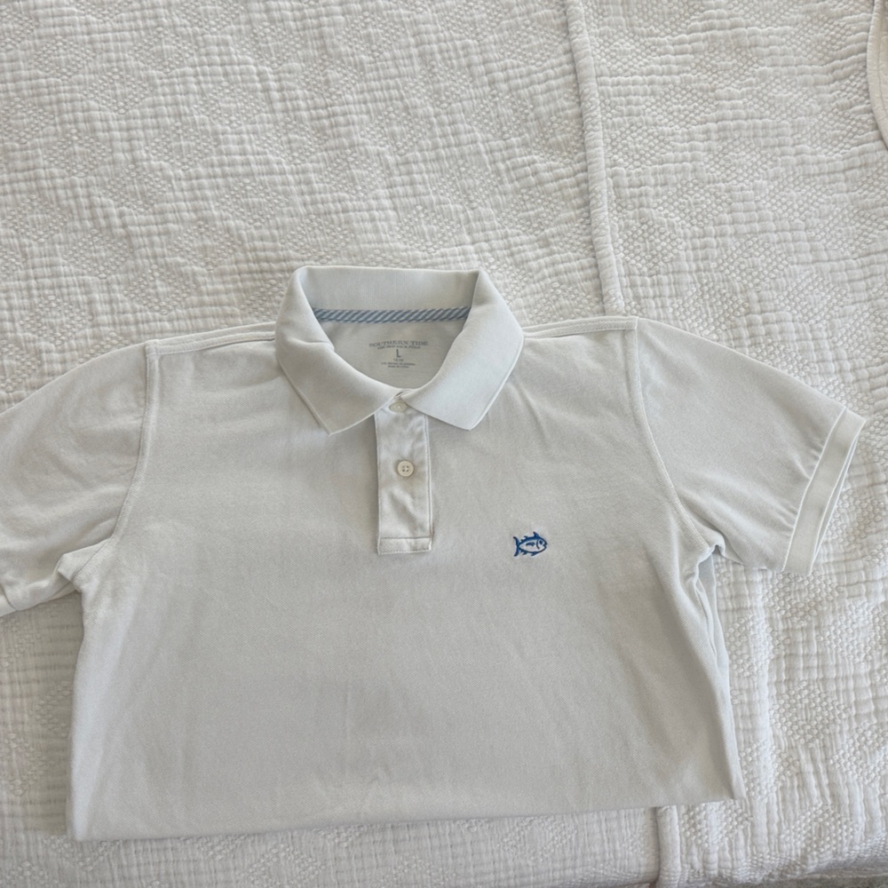 Boy’s Southern Tide White Polo Shirt with Blue Logo
